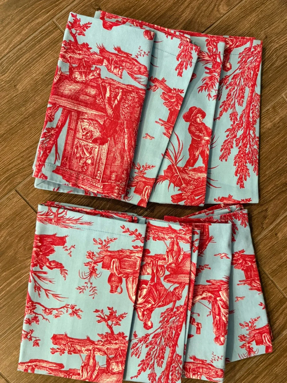 8 Williams-Sonoma Toile Cotton Napkin Blue Red French Country Pastoral Scenes